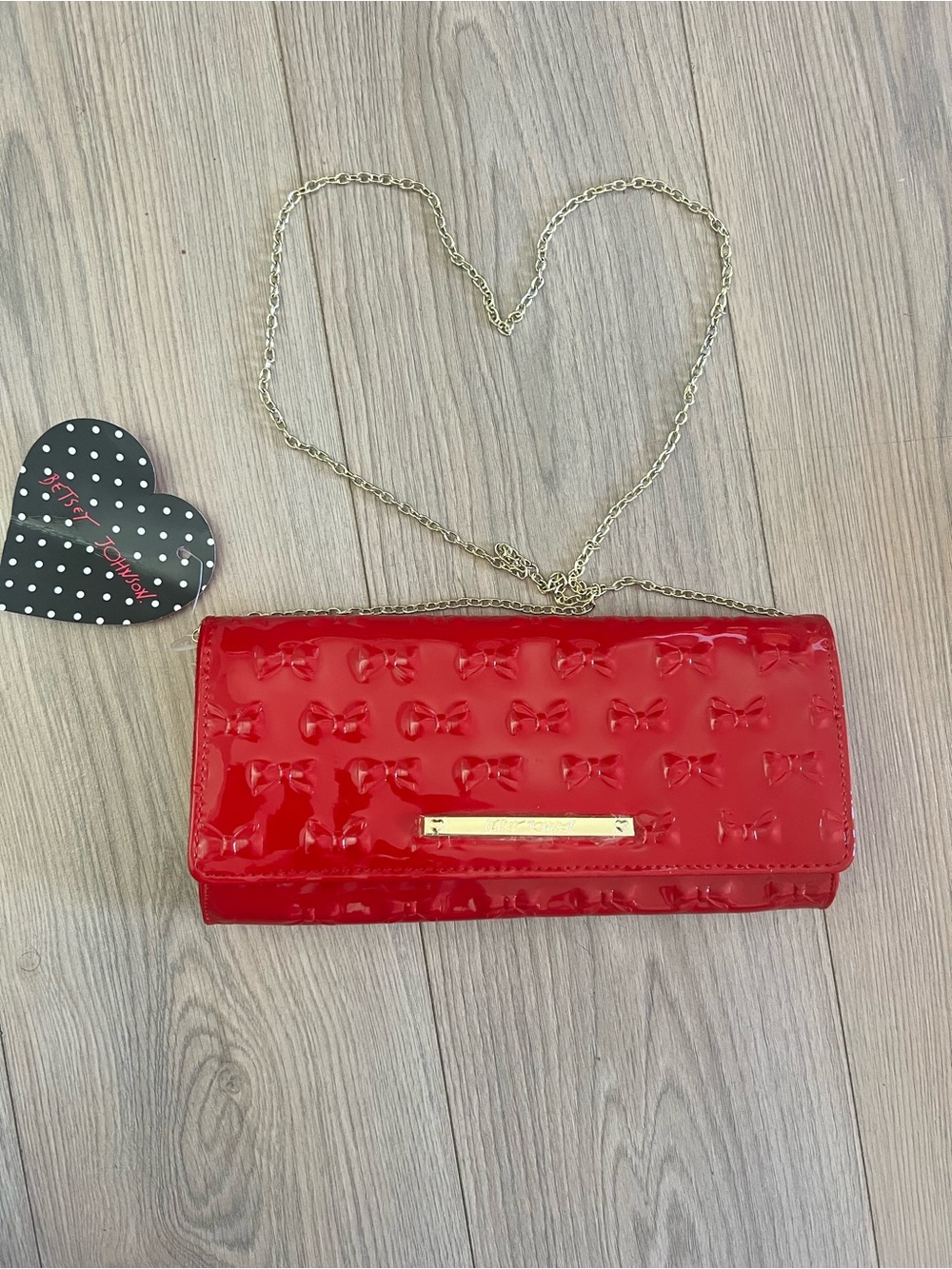 Betsey Johnson Red Patent Embossed Bow Chain Clutch